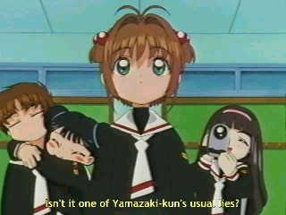 Sakura achando que era verdade (Tomoyo filmando, Meilin pendurada no pescoço de Shaoran)